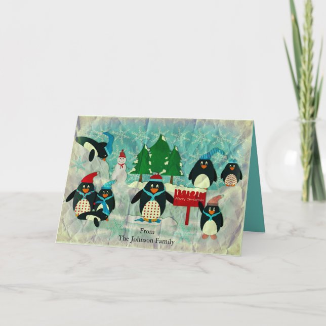 Tarjeta Festiva Saludo personalizado de Navidades pingüinos (Anverso)
