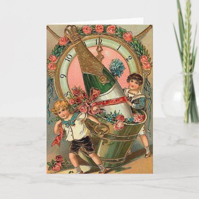 Tarjeta Festiva Saludo vintage de Año Nuevo (Anverso)