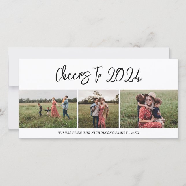 Tarjeta Festiva Saludos A 2024 Script 3 Family Photo Modern (Anverso)