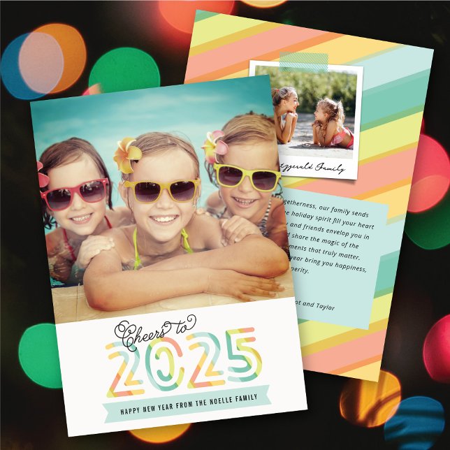 Tarjeta Festiva Saludos a la foto de Año Nuevo feliz de las franja (Cheers to 2025 Citrus Stripes Happy New Year Photo Holiday Card @ fat_fa_tin)
