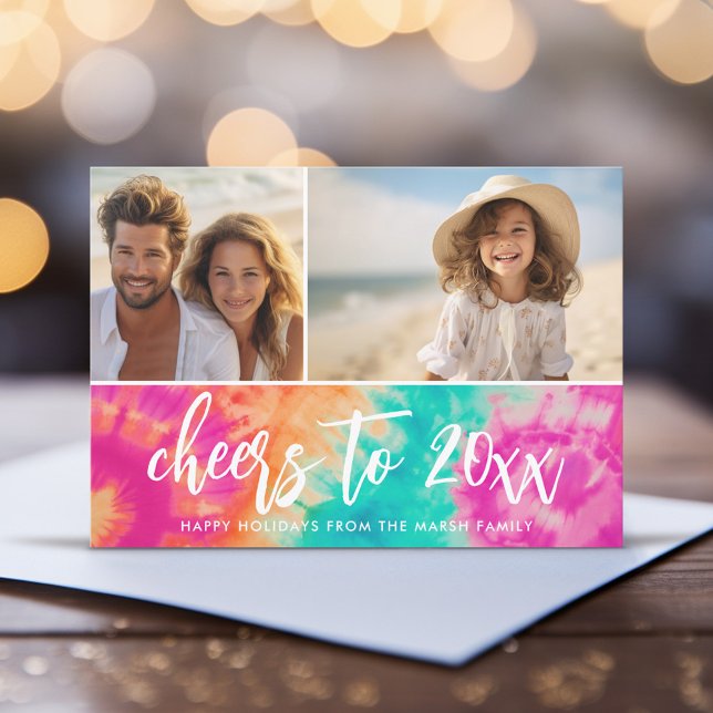 Tarjeta Festiva Saludos al festival Verde azulado de fotos 70 de A (Cheers to the New Year - Funky Tie Dye Christmas card)