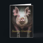 Tarjeta Festiva Saludos de cerdito<br><div class="desc">Un cerdo saliendo de un granero oscuro,  con "Felices Fiestas" escrito debajo de su cara</div>