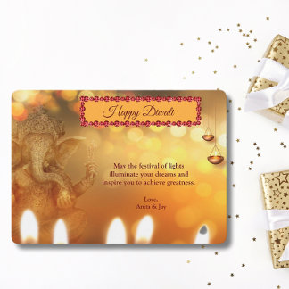 Tarjeta Festiva Saludos de Diyas Ganesh de oro Amarillo Diwali