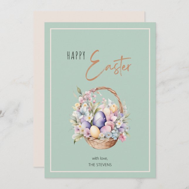 Tarjeta Festiva Saludos de Floral Happy Easter Basket (Anverso / Reverso)