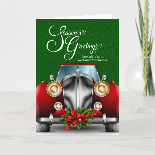 Tarjeta Festiva Saludos de la temporada de autos clásicos y rojos  (Anverso)