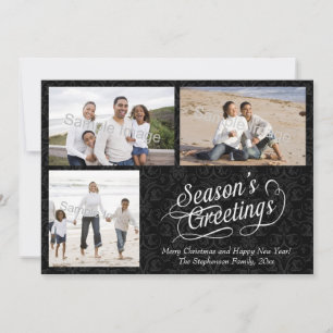 Tarjeta Festiva Saludos de la temporada de Damask en blanco y negr