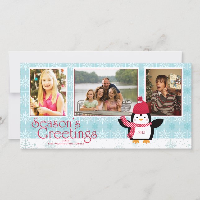Tarjeta Festiva Saludos de la temporada de pingüinos con copas de  (Anverso)