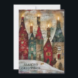 Tarjeta Festiva Saludos de la temporada de vintage Christmas Villa<br><div class="desc">Carta de felicitación de Navidad de época con la pintura de un pueblo rojo y verde con velas. El texto dice, "Saludos de temporada" pero es personalizable para tu propio saludo. Personalizado en la parte posterior con su mensaje y nombre. Comuníquese conmigo para obtener ayuda con su personalización o para...</div>