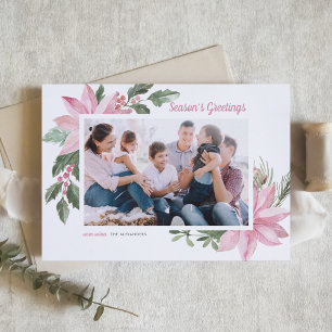 Tarjeta Festiva Saludos de la temporada de Watercolor Pink Poinset