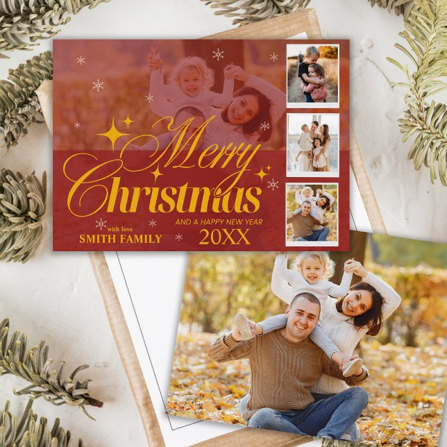 Tarjeta Festiva Saludos de Navidades personalizados de Collage de  (Custom Red & Gold Photo Collage Christmas Greeting Holiday Card)