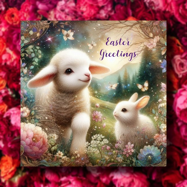 Tarjeta Festiva Saludos de Pascua Art Nouveau Lamb Bunny Woodland (Subido por el creador)