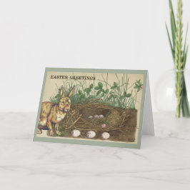 Tarjeta Festiva Saludos de Pascua conejo, huevos, nido, pasto, tré