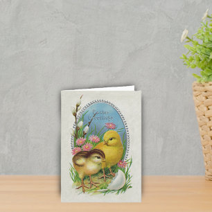 Tarjeta Festiva Saludos de Pascua Pollitos Amarillos Flores