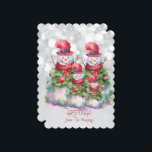 Tarjeta Festiva Saludos de Snowman desde la familia Name<br><div class="desc">Una encantadora y alegre familia de nevados de cuatro personas con accesorios rojos y verdes y una GREETINGS de la familia NAME</div>