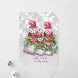 Tarjeta Festiva Saludos de Snowman desde la familia Name
