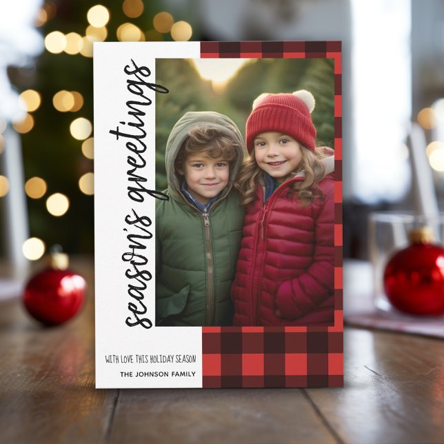 Tarjeta Festiva Saludos de temporada 1 foto rojizo de búfalo negro (1 Photo Christmas Card with red black buffalo plaid)