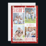 Tarjeta Festiva Saludos de temporada 4 Luces rojas Collage de foto<br><div class="desc">Sencilla y moderna tarjeta fotográfica de vacaciones para Navidades con 4 fotos, los GREETINGS de la temporada de saludos con fondo rojo con luces blancas. Agregue el texto de su personalizado en la parte delantera y/o posterior (opcional). ASISTENCIA: Para obtener ayuda con la modificación o personalización del diseño, el cambio...</div>