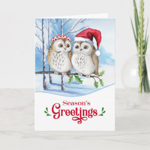 Tarjeta Festiva Saludos de temporada a la pareja de lechuzas de Wo
