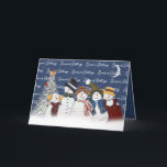 Tarjeta Festiva Saludos de temporada a los hombres de nieve con co<br><div class="desc">Hombres de nieve con copos de nieve,  con un texto de "saludos de la temporada" sobre el azul con copos de nieve,  un cardenal,  una luna creciente y un pino blanco. Se puede cambiar el color de fondo. Se puede cambiar todo el texto.</div>