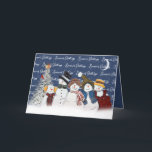 Tarjeta Festiva Saludos de temporada a los hombres de nieve con co<br><div class="desc">Hombres de nieve con copos de nieve,  con un texto de "saludos de la temporada" sobre el azul con copos de nieve,  un cardenal,  una luna creciente y un pino blanco. Se puede cambiar el color de fondo. Se puede cambiar todo el texto.</div>