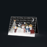 Tarjeta Festiva Saludos de temporada a los hombres de nieve con co<br><div class="desc">Hombres de nieve adorables con copos de nieve con un texto de "saludos de la temporada" sobre negro con copos de nieve,  luna creciente y un pino blanco. Se puede cambiar el color de fondo. Se puede cambiar todo el texto.</div>