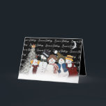 Tarjeta Festiva Saludos de temporada a los hombres de nieve con co<br><div class="desc">Hombres de nieve adorables con copos de nieve con un texto de "saludos de la temporada" sobre negro con copos de nieve,  luna creciente y un pino blanco. Se puede cambiar el color de fondo. Se puede cambiar todo el texto.</div>