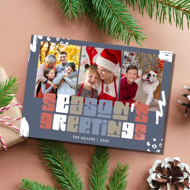 Tarjeta Festiva Saludos de temporada a tres Navidades de la famili (Season's Greetings Three Photo Family Christmas Holiday Card)