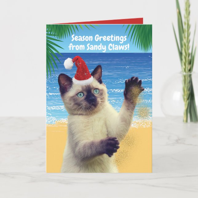 Tarjeta Festiva Saludos de temporada divertida del gato "Sandy Cla (Anverso)