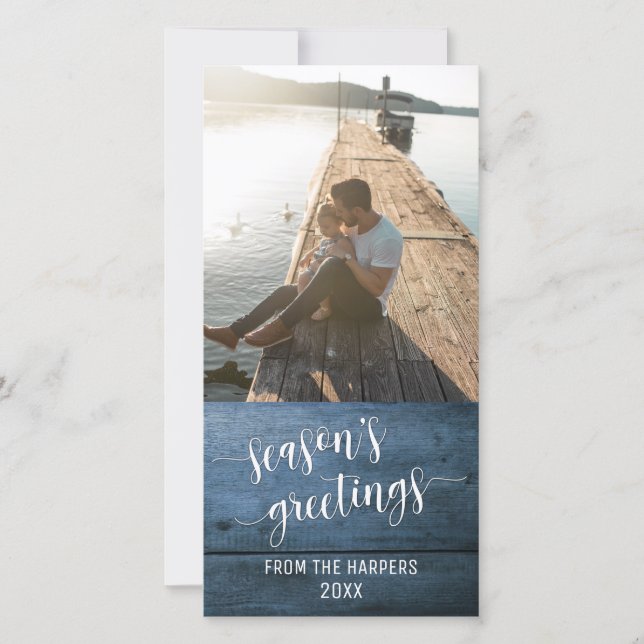 Tarjeta Festiva Saludos de temporada Escritura moderna Azul Madera (Anverso)