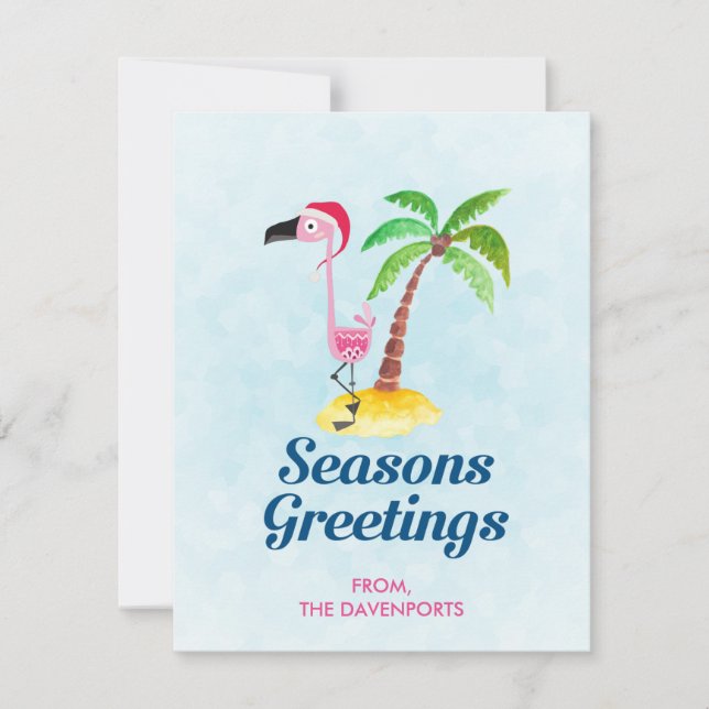 Tarjeta Festiva Saludos de temporada Flamingo rosa en Santa Hat (Anverso)