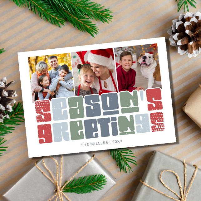 Tarjeta Festiva Saludos de temporada: Navidades de la familia de f (Season's Greetings Retro Photo Family Christmas Holiday Card)