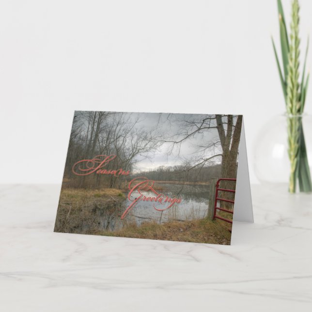 Tarjeta Festiva Saludos de temporada - Puerta roja en la lluvia (Anverso)