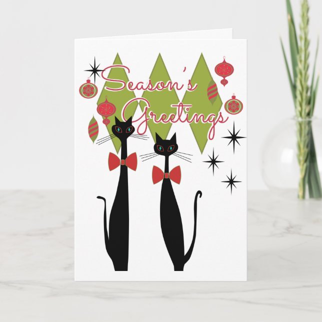 Tarjeta Festiva Saludos de temporada Retro Navidades de gatos de M (Anverso)
