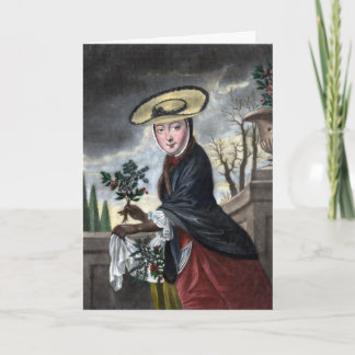 Tarjeta Festiva Saludos de temporada vintage: mujer recogiendo ace