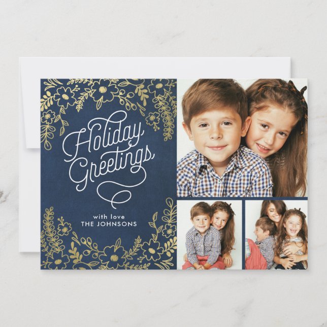 Tarjeta Festiva Saludos de vacaciones de botánicos de oro 3 Foto (Anverso)