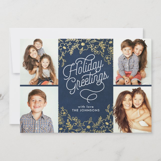 Tarjeta Festiva Saludos de vacaciones de botánicos de oro 4-Foto (Anverso)