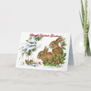 Tarjeta Festiva Saludos de Yuletide Conejos del Bosque en la Nieve
