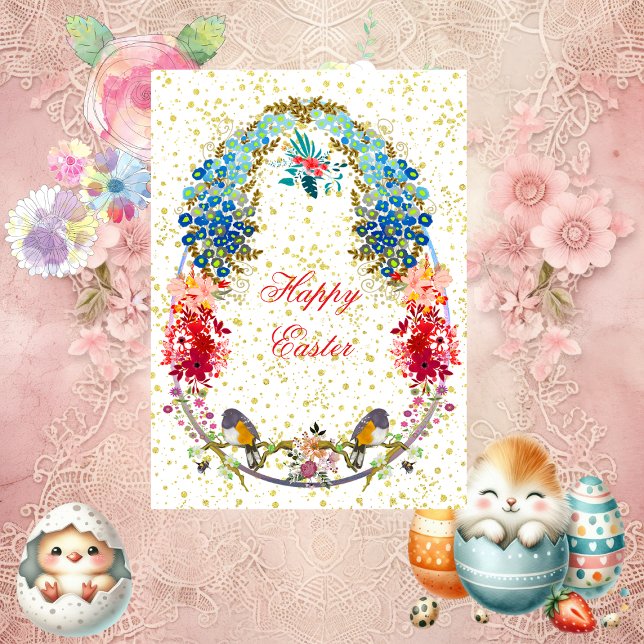Tarjeta Festiva Saludos decorativos felices de Pascua Aves de Pasc (Decorative Happy Easter Eggs Birds Floral Greeting Holiday Card)