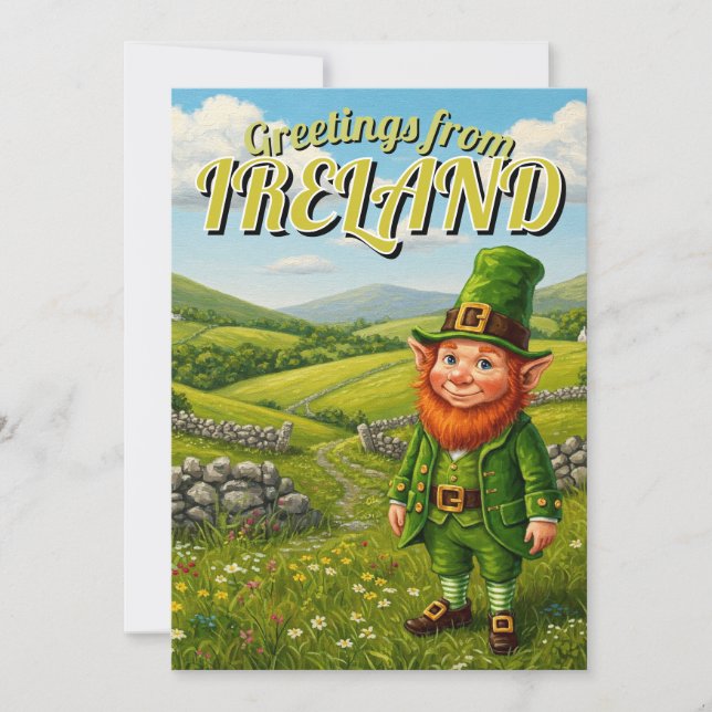Tarjeta Festiva Saludos desde Irlanda Leprechaun (Anverso)