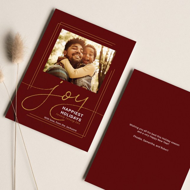 Tarjeta Festiva Saludos familiares Foto Script Joy Navidades (Joy Christmas Family Photo Greetings Card)