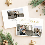 Tarjeta Festiva Saludos festivos | Navidades fotográficos Gold Whi<br><div class="desc">Este saludo festivo | La tarjeta de vacaciones Gold White 3 Photo Navidades ofrece una combinación perfecta de elegancia y simplicidad. El diseño moderno y minimalista se caracteriza por una hermosa caligrafía dorada y un espacio blanco limpio, lo que lo convierte en un lugar sofisticado y festivo. Con tres franjas...</div>