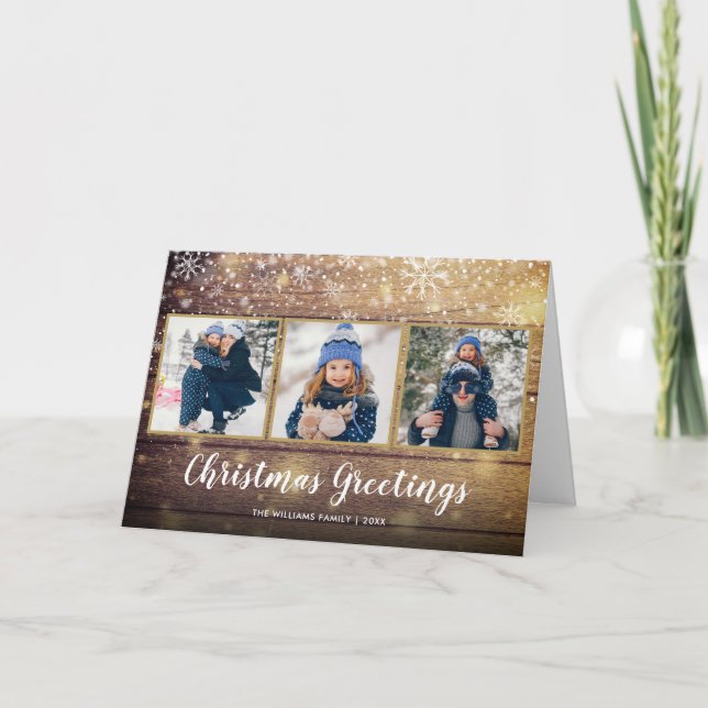 Tarjeta Festiva Saludos navideños 3 Foto Rústica Madera de campo (Anverso)