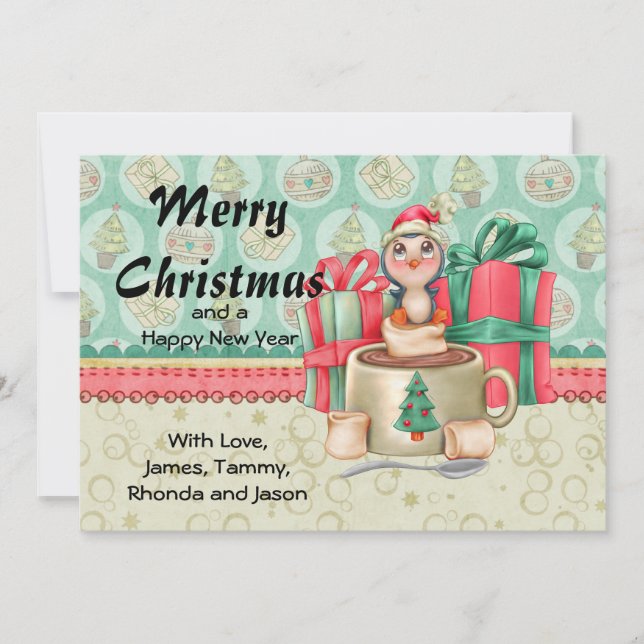 Tarjeta Festiva Saludos navideños al Pingüino del Cacao (Anverso)