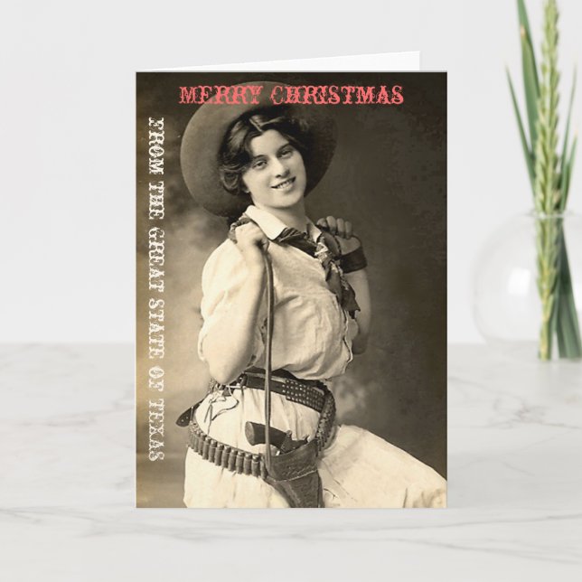 Tarjeta Festiva Saludos navideños de Cowgirl de Texas (Anverso)