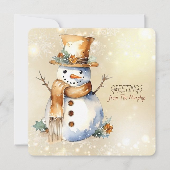 Tarjeta Festiva Saludos navideños de Snowman a la familia del nomb (Anverso)