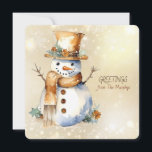 Tarjeta Festiva Saludos navideños de Snowman a la familia del nomb<br><div class="desc">Un encantador muñeco de nieve alegre con accesorios dorados y marrones y una GREETINGS de la familia NAME</div>