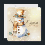 Tarjeta Festiva Saludos navideños de Snowman a la familia del nomb<br><div class="desc">Un encantador muñeco de nieve alegre con accesorios dorados y marrones y una GREETINGS de la familia NAME</div>