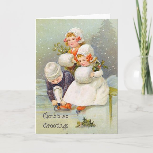 Tarjeta Festiva Saludos navideños Niños Patinando Hielo (Anverso)