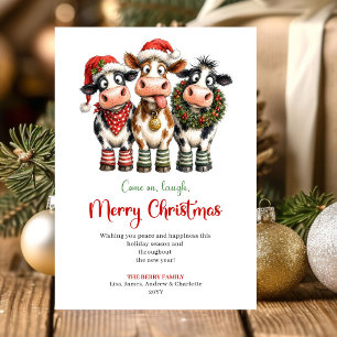 Tarjeta Festiva Saludos Navideños Vacas Caprichosas Rojas Verdes