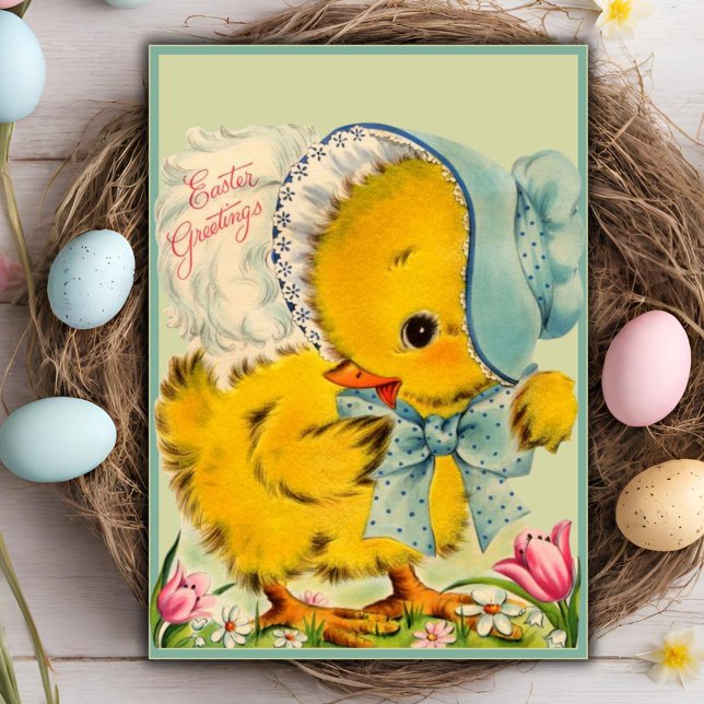 Tarjeta Festiva Saludos personalizados de Pascua de pollito retro  (Vintage Retro Baby Chick Easter Greetings Custom Holiday Card)